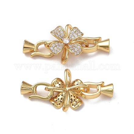 Rack Plating Flower Brass Pave Clear Cubic Zirconia Fold Over Clasps KK-E080-01G-1