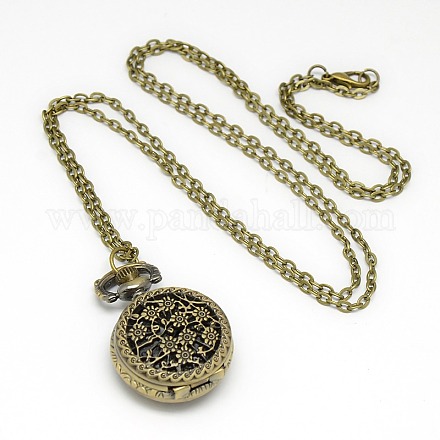 Alloy Flat Round with Flower Pendant Necklace Pocket Watch WACH-N011-56-1