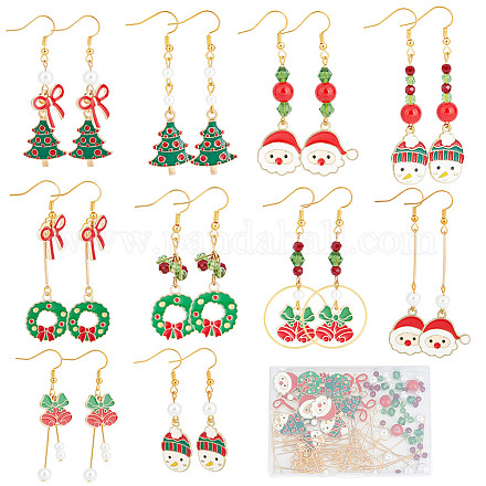 SUNNYCLUE 1 Box DIY 10 Pairs Christmas Charms Enamel Snowman Charm Earrings Making Starter Kit Red Green Rondelle Beads Christmas Tree Jingle Bell Charm Santa Claus Charms for Jewelry Making Kits DIY-SC0021-83-1