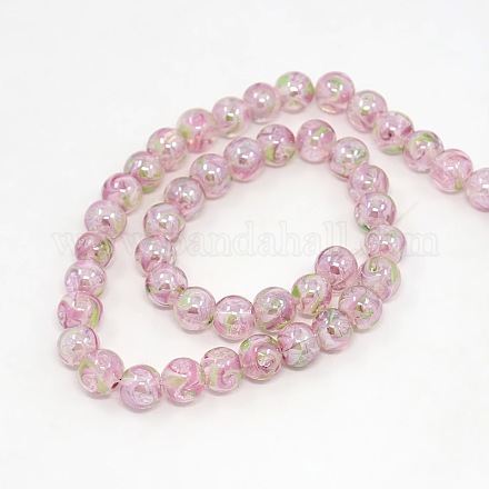 Pearlized Lampwork Inner Flower Round Beads Strands LAMP-O004-A06-1