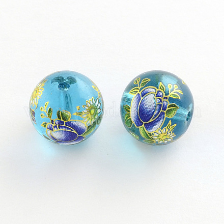 Flower Picture Transparent Glass Round Beads GFB-R004-14mm-K14-1