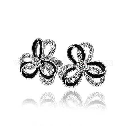 Flower Real Platinum Plated Tin Alloy Czech Rhinestone Enamel Ear Studs For Women EJEW-BB13566-1