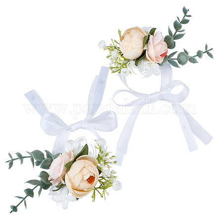 シルクの手首  プラスチック製の模造花付き  結婚式のための  パーティーの装飾  ビスク  585~590mm AJEW-WH0241-13A-1