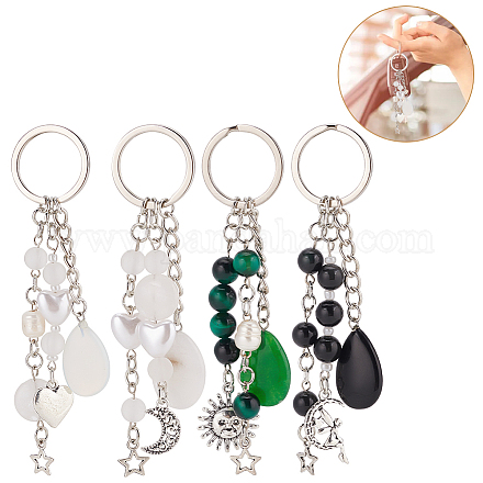 Gemstone with ABS Plastic Imitation Pearl Beaded Keychain with Star/Moon/Sun Alloy Pendants KEYC-PH01516-02-1