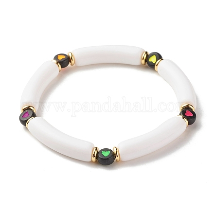 Bracelet extensible en perles de tube incurvé en acrylique avec coeur pour femme BJEW-JB07586-01-1