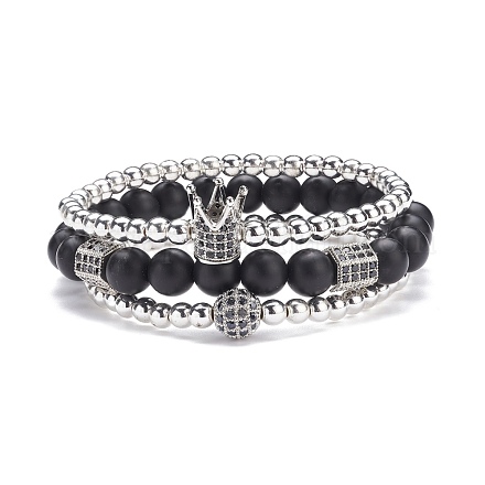 3 Stück 3 Stil runde synthetische schwarze Stein- und Hämatit-Perlen-Stretch-Armbänder im Set BJEW-JB07688-03-1