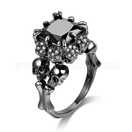 長方形のラインストーンの指輪  女性のための合金スカルゴシックリング  ガンメタ色  usサイズ7 1/4(17.5mm) SKUL-PW0002-023A-B-1