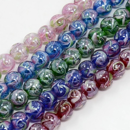 Pearlized Lampwork Inner Flower Round Beads Strands LAMP-O004-A-1