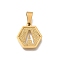 304 Stainless Steel Charms, Real 18K Gold Plated, Hexagon with Letter Charm, Letter A, 15x14x1.5mm, Hole: 3x5.5mm