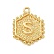 Brass Pendants, Hexagon Letter Charms, Letter S, 20x16x2.5mm, Hole: 1.5mm