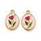304 Stainless Steel Enamel Pendants, with ABS Plastic Pearl, Oval with Flower Charms, Ion Plating(IP), Pink, 20.5x13.5x3mm, Hole: 1.5mm