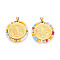 304 Stainless Steel Pendants, Flat Round with Saint Benedict, with Glass Beads, Ion Plating(IP), Real 18K Gold Plated, Faceted, Colorful, 31x31x3mm, Hole: 5x3.5mm