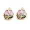 Brass Enamel & Natural Pearl Oval with Rose Flower Pendants, with Clear Cubic Zirconia, Real 18K Gold Plated, Plum, 21.5x17.5x5mm, Hole: 1.6mm