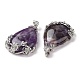 Teardrop with Flower Platinum Plated Brass Natural Amethyst Pendants G-F228-37F-RS-6