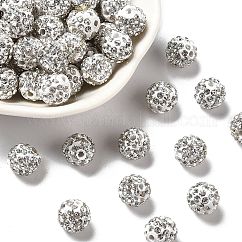 Perles de boule pavé disco , Perles de strass en argile polymère, Grade a, ronde, cristal, strass: pp13 (1.9~2mm), 6 rangs de strass, 10mm, Trou: 1.5mm
