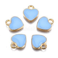 Charms del esmalte de la aleación, corazón, la luz de oro, luz azul cielo, 12x10x2mm, agujero: 2 mm