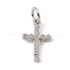 Adornos de latón micropavé de circonia cúbica, sin plomo y cadmio, con anillos de salto, religión cruz encantos, Platino, 14x9x1.5mm, agujero: 3.4 mm