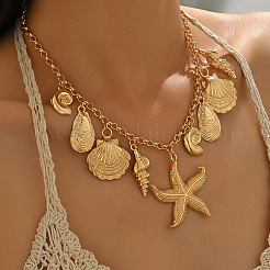Boho-Sommer-Strand-Halsketten mit Seestern- und Muschelanhänger aus Zinklegierung für Damen&nbsp;WGA7543-02