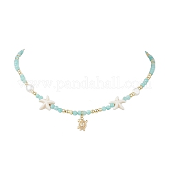 Collane con ciondolo a forma di tartaruga in ottone con perle sintetiche di turchese e stelle marine&nbsp;NJEW-JN05496-04