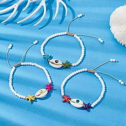 Braccialetti con stelle marine turchesi sintetiche e perline intrecciate con conchiglie naturali&nbsp;BJEW-TA00395