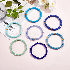 7 pièces 7 style fait à la main en argile polymère heishi surfeur ensemble de bracelets extensibles&nbsp;BJEW-SW00073-06