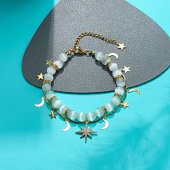 Mehrreihiges Cat-Eye-Armband mit runden Perlen und Messinggliederketten&nbsp;BJEW-JB08791
