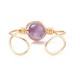 Anello a polsino aperto con perline rotonde in ametista naturale&nbsp;RJEW-TA00041-02