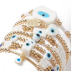 7 pièces 7 style mauvais œil au chalumeau et graine de verre et bracelets extensibles en laiton perlé ensemble pour les femmes&nbsp;BJEW-JB09249-02