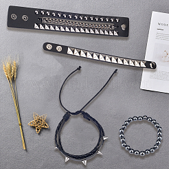 4 Stück 4 Stile Punk-Stil Hämatit runde Perlen Stretch-Armbänder & Nieten Armbänder mit Legierung geflochtenen Perlenarmbänder & Kunstleder Armreifen für Männer Frauen&nbsp;BJEW-WH20002-09B