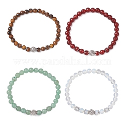 4 pièce 4 styles opalite & œil de tigre naturel & aventurine verte & cornaline (teinte et chauffée) ensembles de bracelets extensibles à perles rondes croisées pour hommes femmes&nbsp;BJEW-JB12266