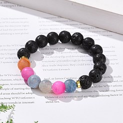 Bracelet extensible à perles rondes en agate patinée naturelle (teintée) et pierre de lave&nbsp;BJEW-JB08501