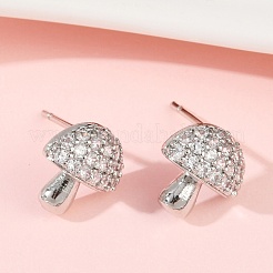 Pendientes de botón con micropavé de latón con forma de hongo y circonitas cúbicas transparentes&nbsp;EJEW-F895-17P
