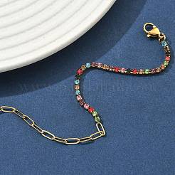 Bracelets pour femmes en acier inoxydable 304 avec chaîne trombone et chaîne à strass.&nbsp;BJEW-D456-06G-03