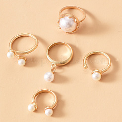 Zinklegierung & Kunststoff-Imitationsperlen-Fingerring-Sets mit runden Perlen&nbsp;WG9DC8A-01