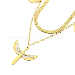 Colliers pendentifs en acier inoxydable 201 avec zircone cubique transparente à double couche et croix avec ailes&nbsp;NJEW-K270-14G