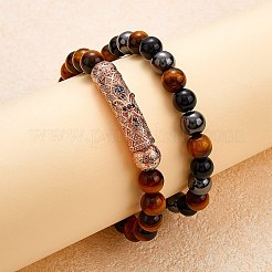 2 set di 2 bracciali elastici in occhio di tigre naturale tinto e riscaldato e pietre preziose&nbsp;BJEW-SW00092