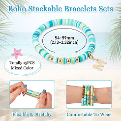 15 Stück Polymer Clay Heishi Perlen Stretch-Armband-Sets&nbsp;BJEW-TA00679