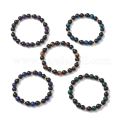 Braccialetti elastici rotondi in occhio di tigre naturale e ossidiana senza occhi e perline di ematite sintetica non magnetica per le donne&nbsp;BJEW-JB12762
