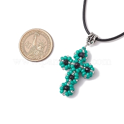 Colliers avec pendentifs en forme de croix en perles de rocaille en verre et en pierre d'or bleue synthétique&nbsp;NJEW-MZ00103-04