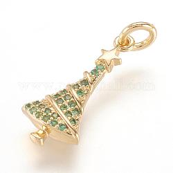 Brass Micro Pave Cubic Zirconia Pendants, Christmas Trees with Star, Real 18K Gold Plated, 20x9x3mm, Hole: 3mm