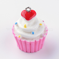 Resin Pendants, with Iron Findings, Cup Cake, Hot Pink, 30~32x23~24mm, Hole: 2mm