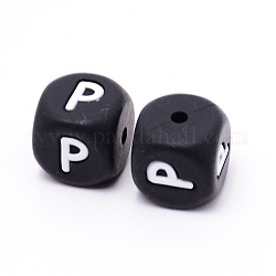 Silicone Beads, Cube with Letter.P, Black, 12x12x12mm, Hole: 2mm
