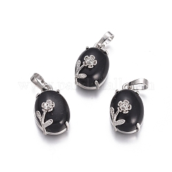 Naturale agata nera pendenti, con i risultati in ottone tono platino, ovale con fiore, tinti e riscaldato, 22x13.8x10.3mm, Foro: 6x3.5 mm