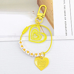 Porte-clés pendentif acrylique cube et coeur, avec cordon en polyester et accessoires en alliage peint par pulvérisation, jaune, 11 cm