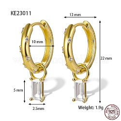 Real 18K Gold Plated 925 Sterling Silver Dangle Hoop Earrings, Rectangle Cubic Zirconia Drop Earrings, with S925 Stamp, Clear, 22x13mm