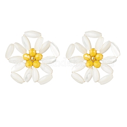 Boucles d'oreilles clous fleurs tressées coquillage naturel, bijoux en fil de laiton doré pour femme, jaune, 29mm, pin: 0.7 mm