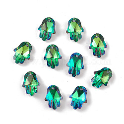 Electroplate Transparent Glass Pendants, Back Plated, Faceted, Hamsa Hand Charms, Green, 18x13.5x5.5mm, Hole: 1.6mm