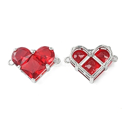Brass Pave Cubic Zirconia Connector Charms, Heart Links, Real Platinum Plated, Red, 18.5x26x7.5mm, Hole: 1.6mm