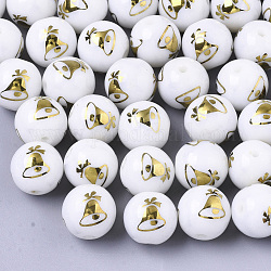 Perles de verre opaque de Noël, rond avec motif de cloche de noël galvanoplastie, plaqué or, 10mm, Trou: 1.2mm