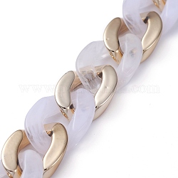 Handmade CCB Plastic Curb Chain, with Acrylic Linking Rings, Imitation Gemstone, for Handbag Chain Making, Golden, White, Link: 22~23x16~17x5mm, 39.37 inch(1m)/strand